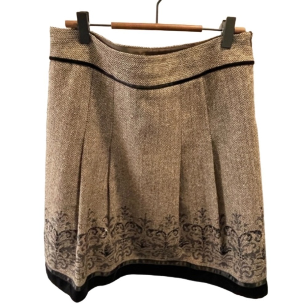 LOFT Herringbone Sequin Detail Wool Blend A-Line Brown Skirt Sz 10P Satin Trim